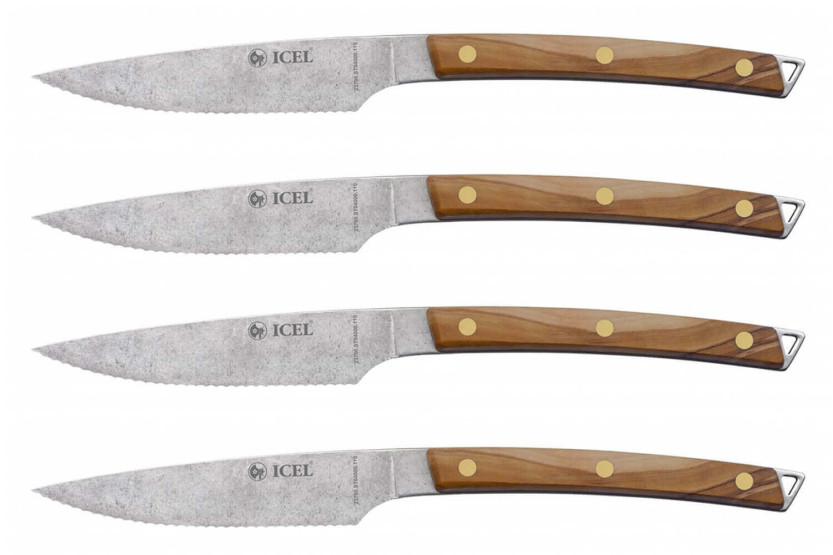 Set of 4 Icel steak knives 11cm serrated blade olive wood handle