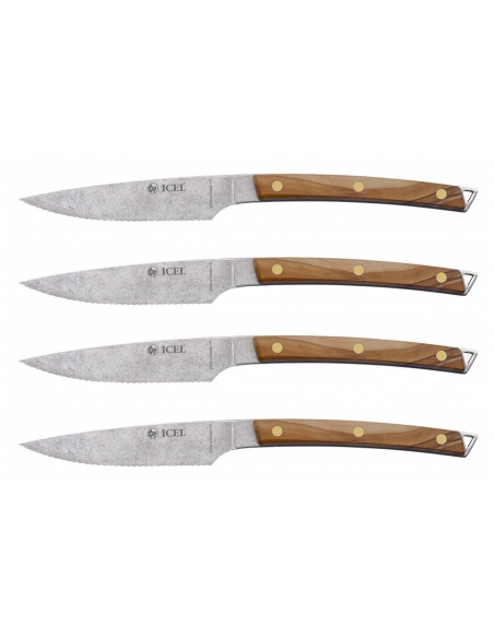 Set of 4 Icel steak knives 11cm serrated blade olive wood handle