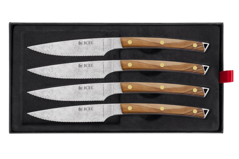 Set mit 4 Steakmessern Icel gezackte Klinge 11cm geschwungener Griff Olivenholz