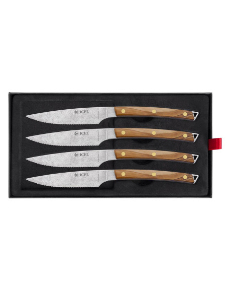 Set of 4 Icel steak knives 11cm serrated blade olive wood curved handle