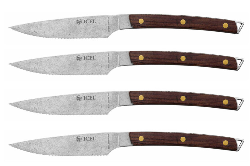 Set of 4 Icel steak knives 11cm serrated blade curved wooden handle