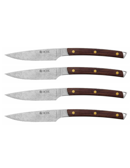 Set of 4 Icel steak knives 11cm serrated blade curved wooden handle
