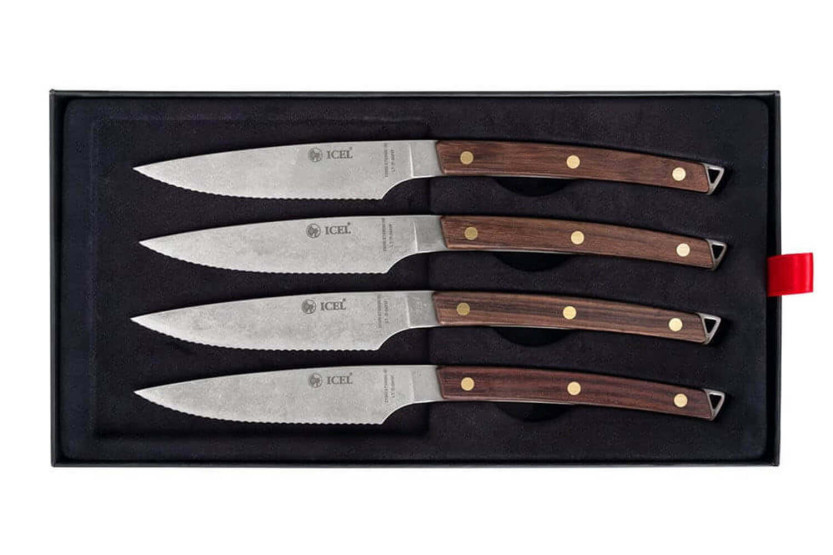 Set of 4 Icel steak knives 11cm serrated blade curved wooden handle