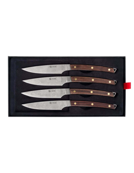 Set of 4 Icel steak knives 11cm serrated blade curved wooden handle