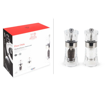 Conjunto de caixa Moinho de sal e pimenta Peugeot Oslo em acrílico e aço inoxidável 14cm