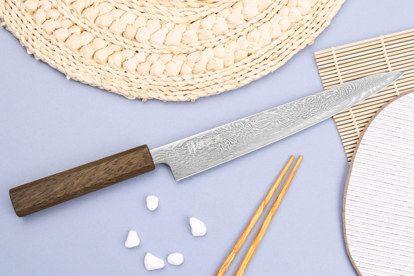 Wusaki Unagi AUS10 damascus japans sujihiki mes 24cm eiken handvat