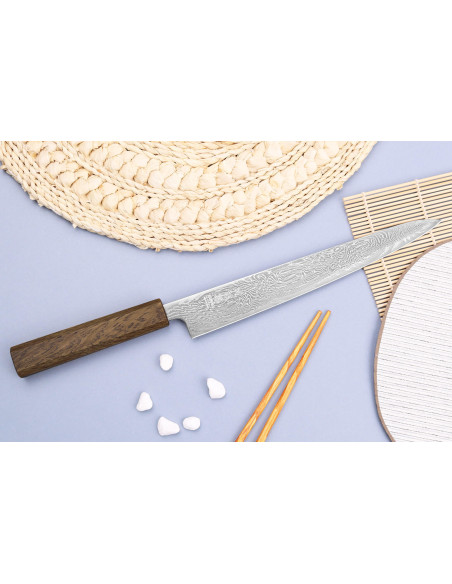 Japanisches Sujihiki-Messer Wusaki Unagi AUS10 Damast 24cm Griff aus Eiche