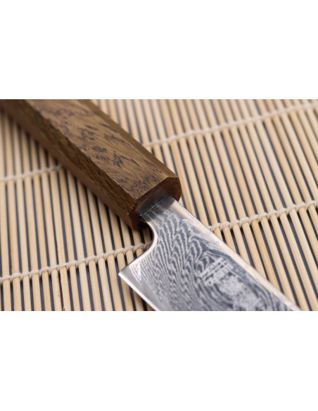Japanisches Sujihiki-Messer Wusaki Unagi AUS10 Damast 24cm Griff aus Eiche