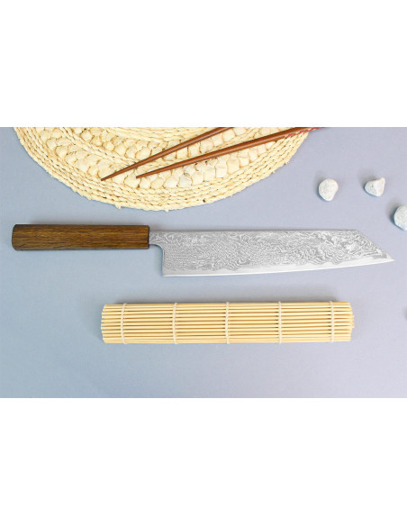Faca kiritsuke japonês artesanal Wusaki Unagi AUS10 damas 24cm manche chêne