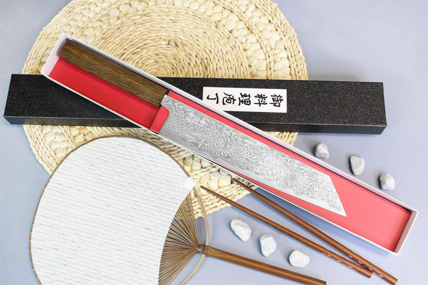 Kiritsuke-messer japonais artisanal Wusaki Unagi AUS10 damas 24cm manche chêne