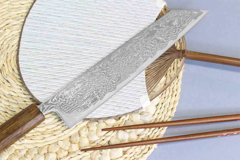Cuchillo kiritsuke japonais artisanal Wusaki Unagi AUS10 damas 24cm manche chêne