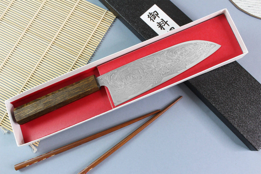 Wusaki Unagi AUS10 damasco 16,5 cm manico in quercia coltello coltello santoku, tradizionale giapponese
