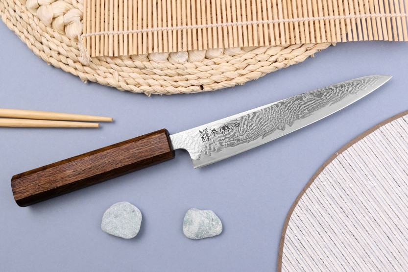 Faca universal japonesa Wusaki Unagi AUS10 Damascus 15cm feita à mão com cabo de carvalho