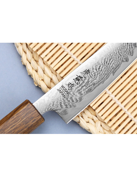 Faca universal japonesa Wusaki Unagi AUS10 Damascus 15cm feita à mão com cabo de carvalho