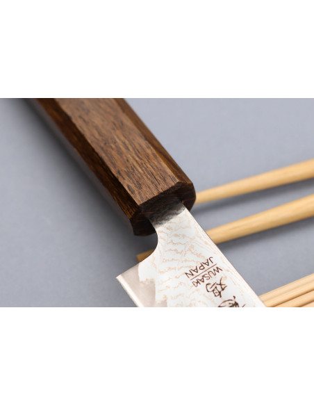 Japanisches handgefertigtes Universalmesser Wusaki Unagi AUS10 Damast 15cm Eichenholzgriff