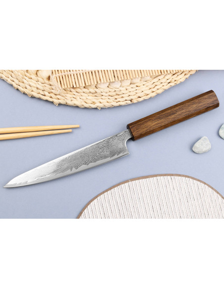 Faca universal japonesa Wusaki Unagi AUS10 Damascus 15cm feita à mão com cabo de carvalho