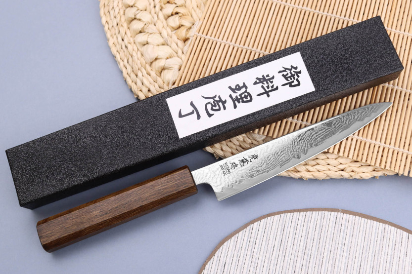 Faca universal japonesa Wusaki Unagi AUS10 Damascus 15cm feita à mão com cabo de carvalho
