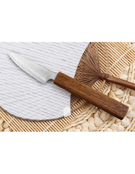 Japanisches handgefertigtes Spickmesser Wusaki Unagi AUS10 Damast 8cm Griff aus Eiche
