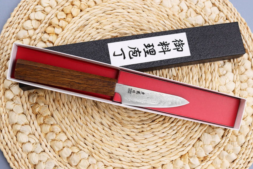 Wusaki Unagi AUS10 damaskus 8 cm japansk urtekniv med eikehåndtak av håndverkere