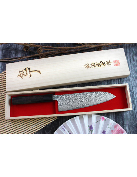 Håndlaget japansk santoku-kniv Takeshi Saji R2 Nickel Damas 18 cm