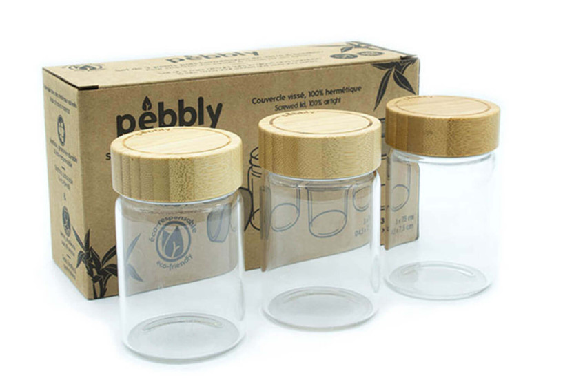 Pebbly 3er-Set Glasgefäße mit Schraubdeckel aus Bambus - 75ml