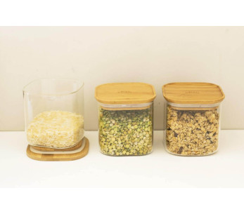 Set van 3 vierkante Pebbly glazen potten met bamboe deksels - 800ml 2