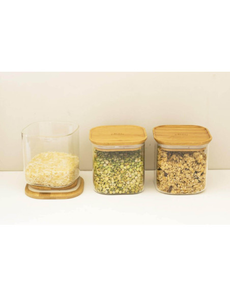 Lote de 3 tarros cuadrados de vidrio Pebbly con tapas de bambú - 800 ml