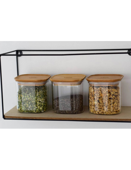 Conjunto de 3 frascos quadrados de vidro Pebbly com tampas de bambu - 800 ml