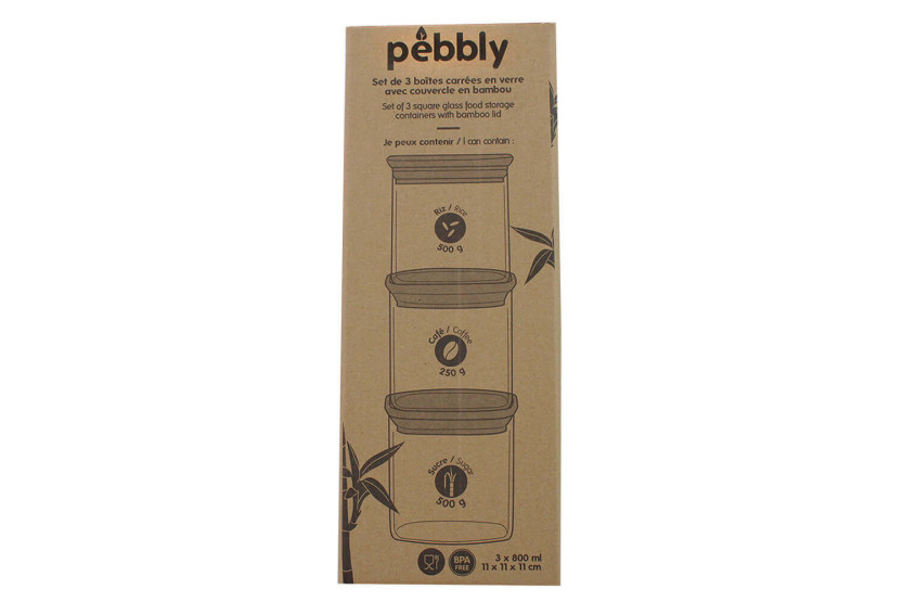 Sæt med 3 firkantede Pebbly-glaskrukker med bambuslåg - 800 ml