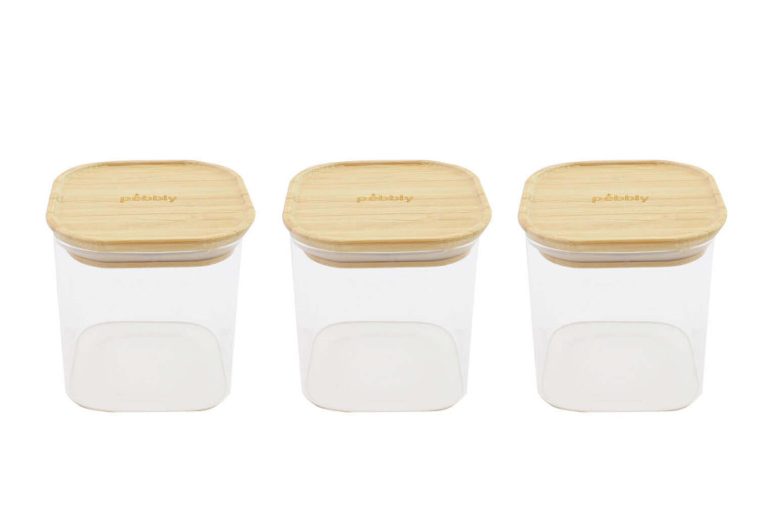 Conjunto de 3 frascos quadrados de vidro Pebbly com tampas de bambu - 800ml