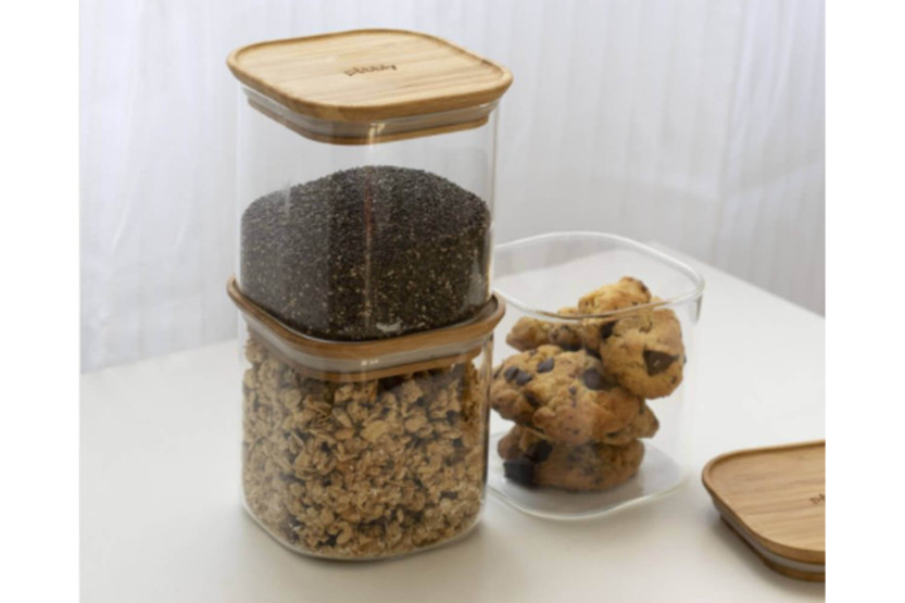 Conjunto de 3 frascos quadrados de vidro Pebbly com tampas de bambu - 800ml