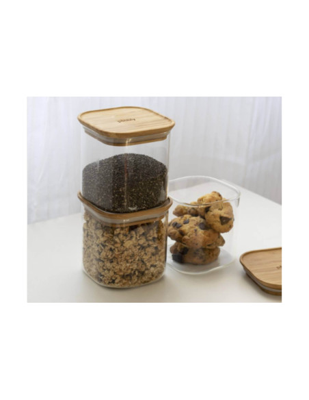 Conjunto de 3 frascos quadrados de vidro Pebbly com tampas de bambu - 800ml