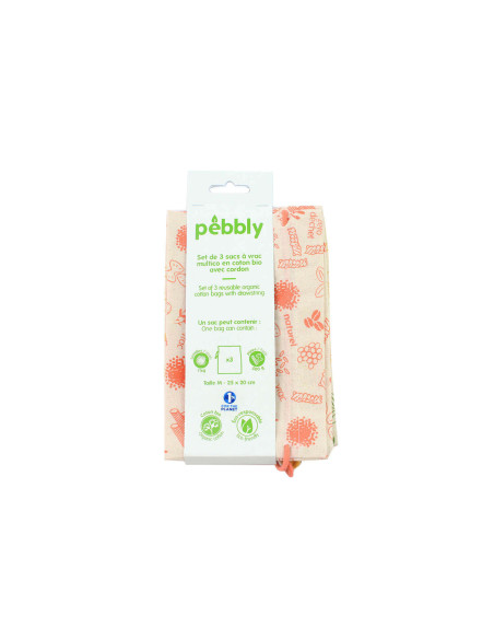 Sæt med 3 Pebbly poser i økologisk bomuld - 20x25 cm