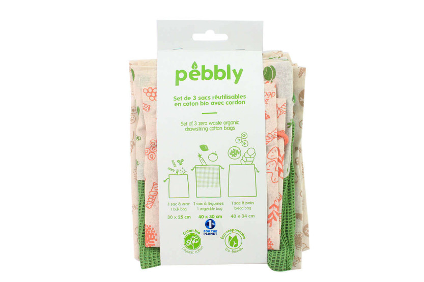 Juego de 3 bolsas de algodón orgánico Pebbly de residuo cero para verduras, pan y productos a granel