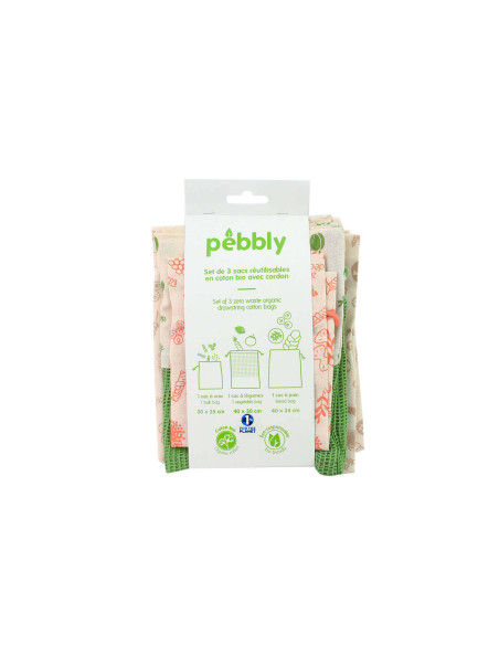 Juego de 3 bolsas de algodón orgánico Pebbly de residuo cero para verduras, pan y productos a granel