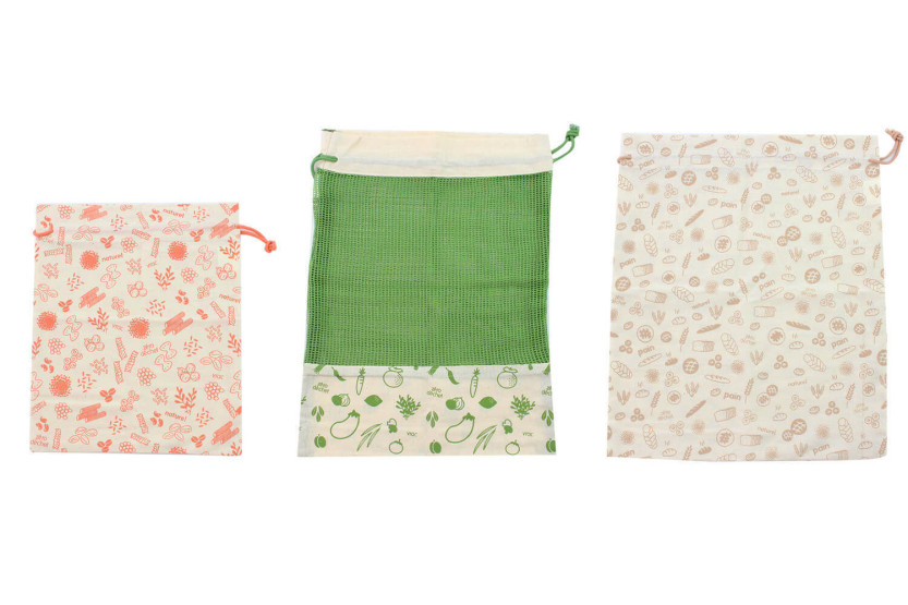 Juego de 3 bolsas de algodón orgánico Pebbly de residuo cero para verduras, pan y productos a granel