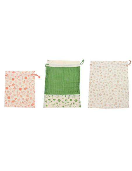 Juego de 3 bolsas de algodón orgánico Pebbly de residuo cero para verduras, pan y productos a granel