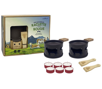 Juego de raclette a la luz de las velas Cookut Lumi de edición limitada con sartenes y espátulas para 2 personas