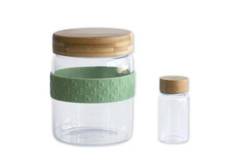 Pebbly nomad lunch set 2 glass jars with bamboo lids + 1 silicone band