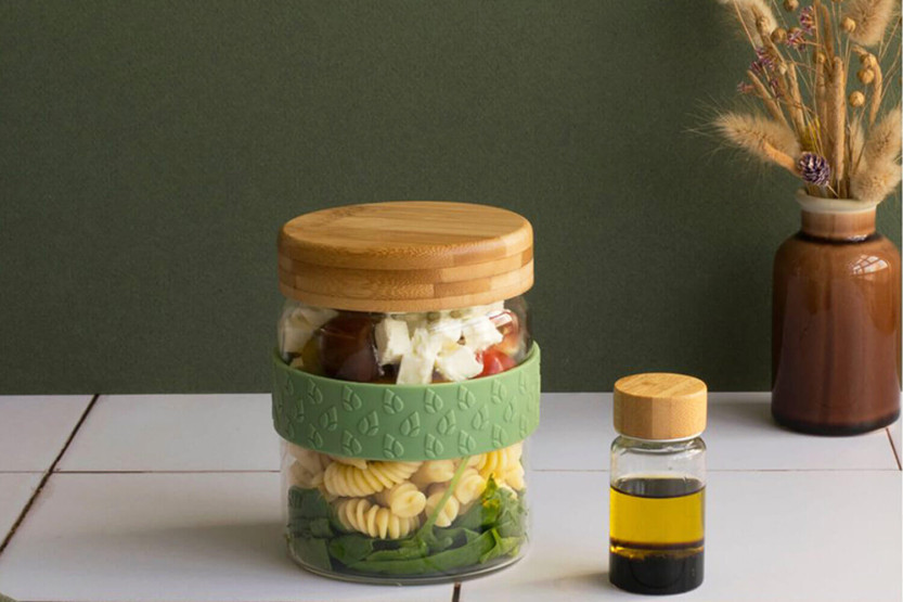 Pebbly nomad lunch set 2 glass jars with bamboo lids + 1 silicone band