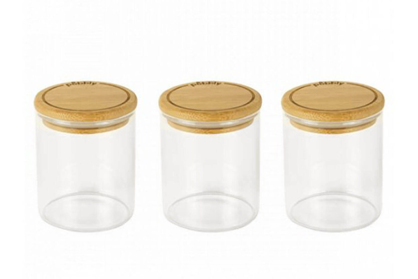 Sæt med 3 stenede glaskrukker med bambuslåg til krydderier og krydderurter - 190 ml