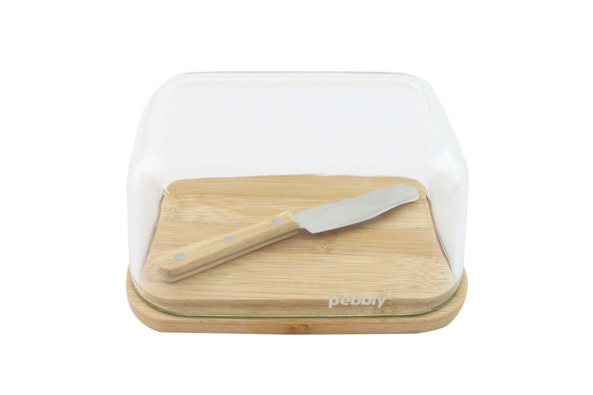 Pebbly glass and bamboo butter dish set with butter knife