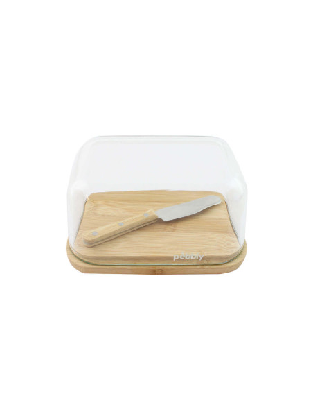 Juego de mantequera de bambú y cristal con cuchillo para mantequilla