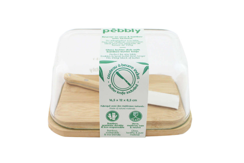 Smørebakke i stenet glas og bambus med smørkniv