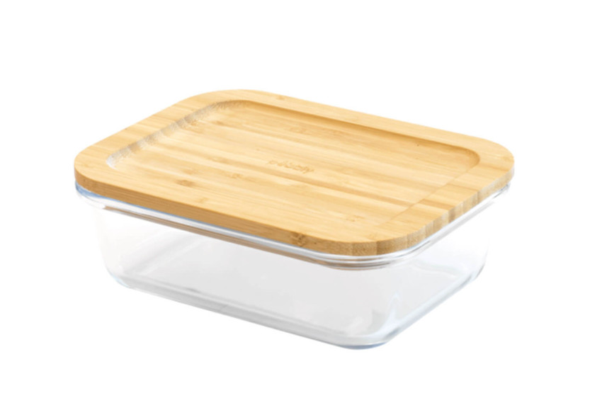Caja rectangular de cristal con tapa de bambú