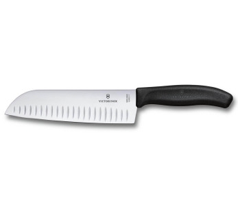 Victorinox SwissClassic 17cm zwart met granton rand santoku mes op kaart