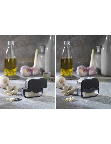 Black Microplane garlic cutter with scraper