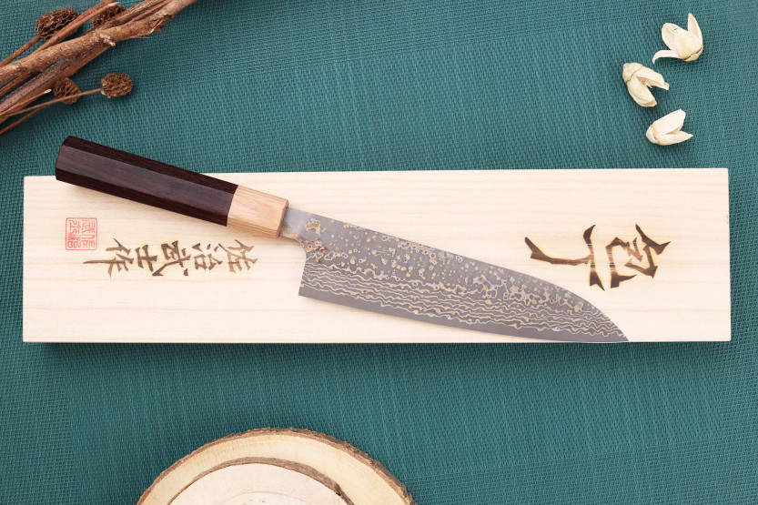 Takeshi Saji VG10 Gold 18cm handgemaakt Japans koksmes