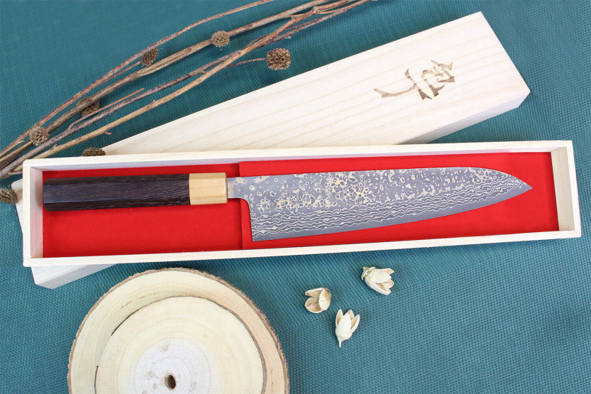 Takeshi Saji VG10 Gold 24cm handgemaakt Japans koksmes