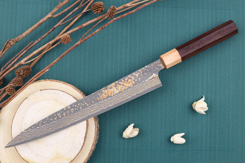 VG10 Oro Takeshi Saji 27cm cuchillo japonés sujihiki hecho a mano
